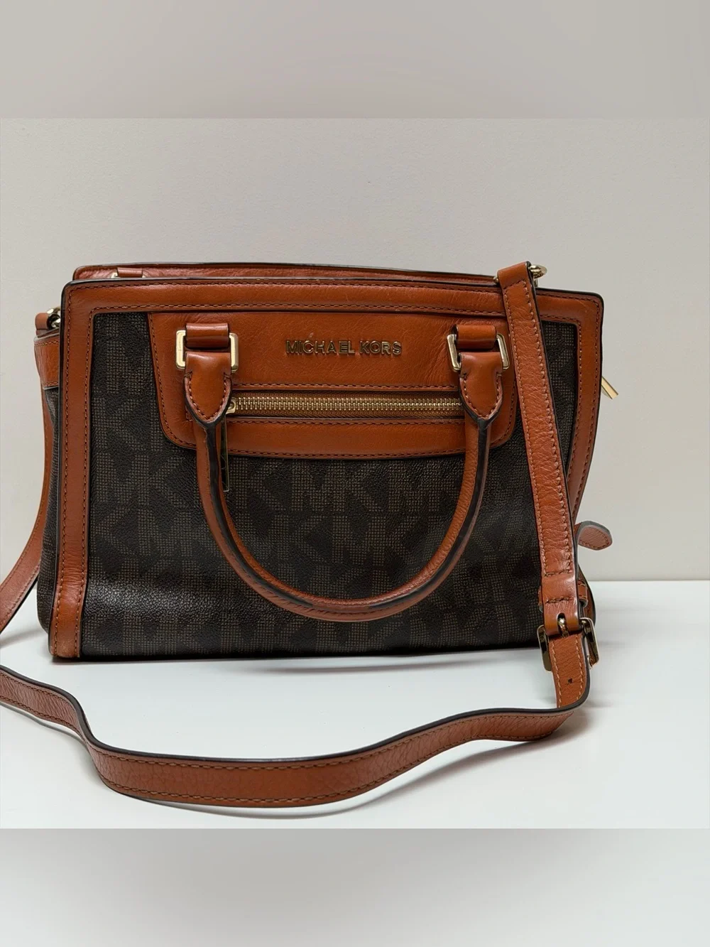 Michael Kors Brown & Tan Logo Satchel with Gold Hardware